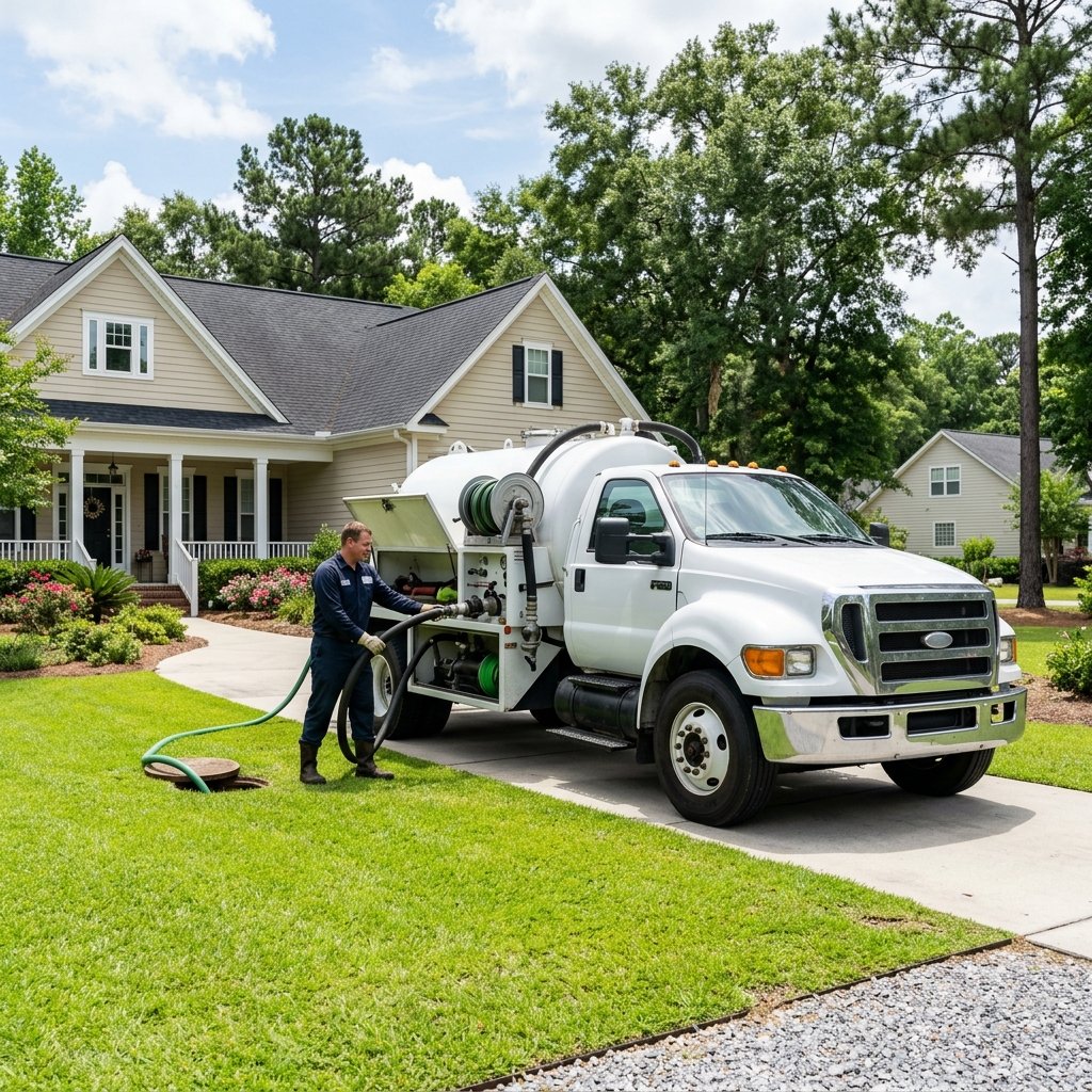 Septic service truck at a residential property in Greenville SC